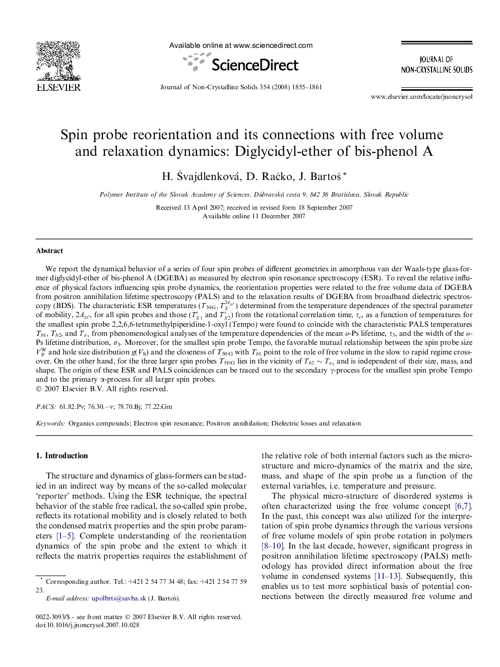 Spin probe reorientation and its connections with free volume and relaxation dynamics: Diglycidyl-ether of bis-phenol A