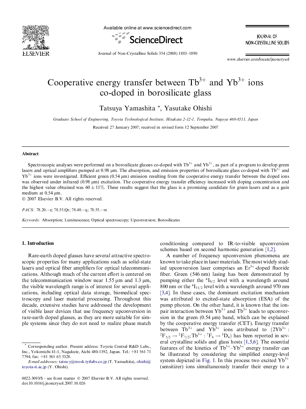 عکس صفحه اول مقاله: Cooperative energy transfer between Tb3+Tb3+ and Yb3+Yb3+ ions co-doped in borosilicate glass Cooperative energy transfer between Tb3+Tb3+ and Yb3+Yb3+ ions co-doped in borosilicate glass