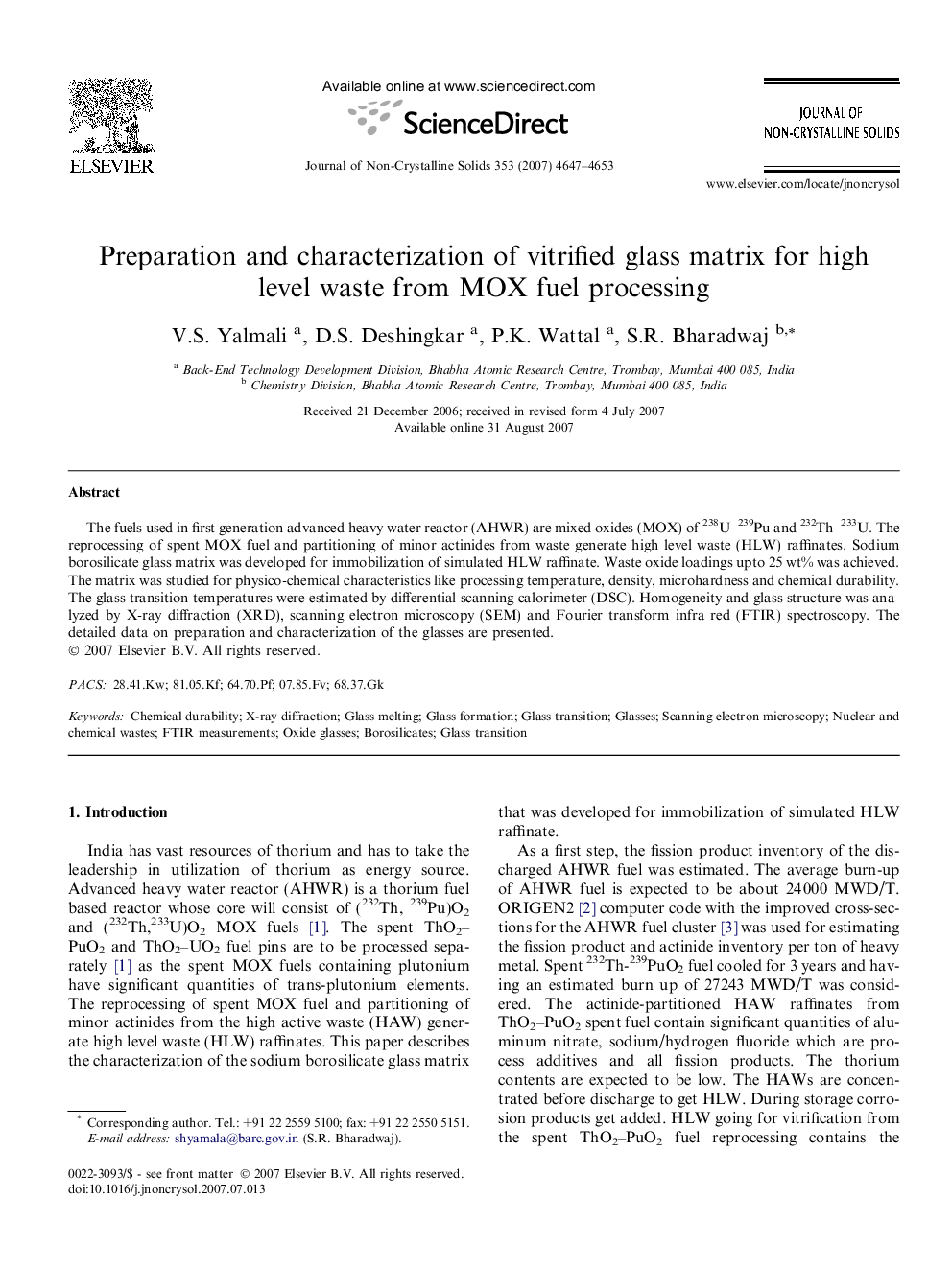 Preparation and characterization of vitrified glass matrix for high level waste from MOX fuel processing