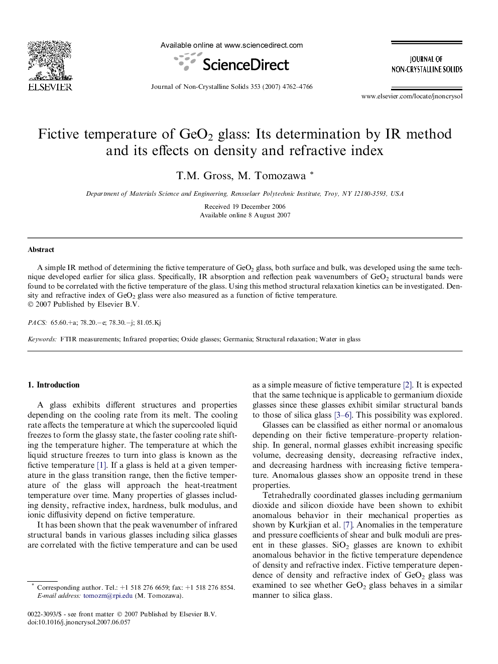 Fictive temperature of GeO2 glass: Its determination by IR method and its effects on density and refractive index