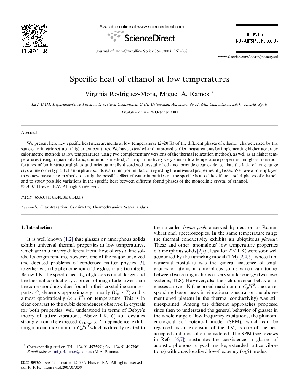 Specific heat of ethanol at low temperatures