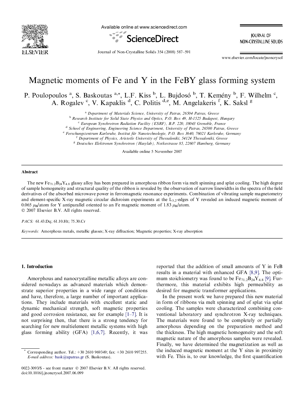 Magnetic moments of Fe and Y in the FeBY glass forming system