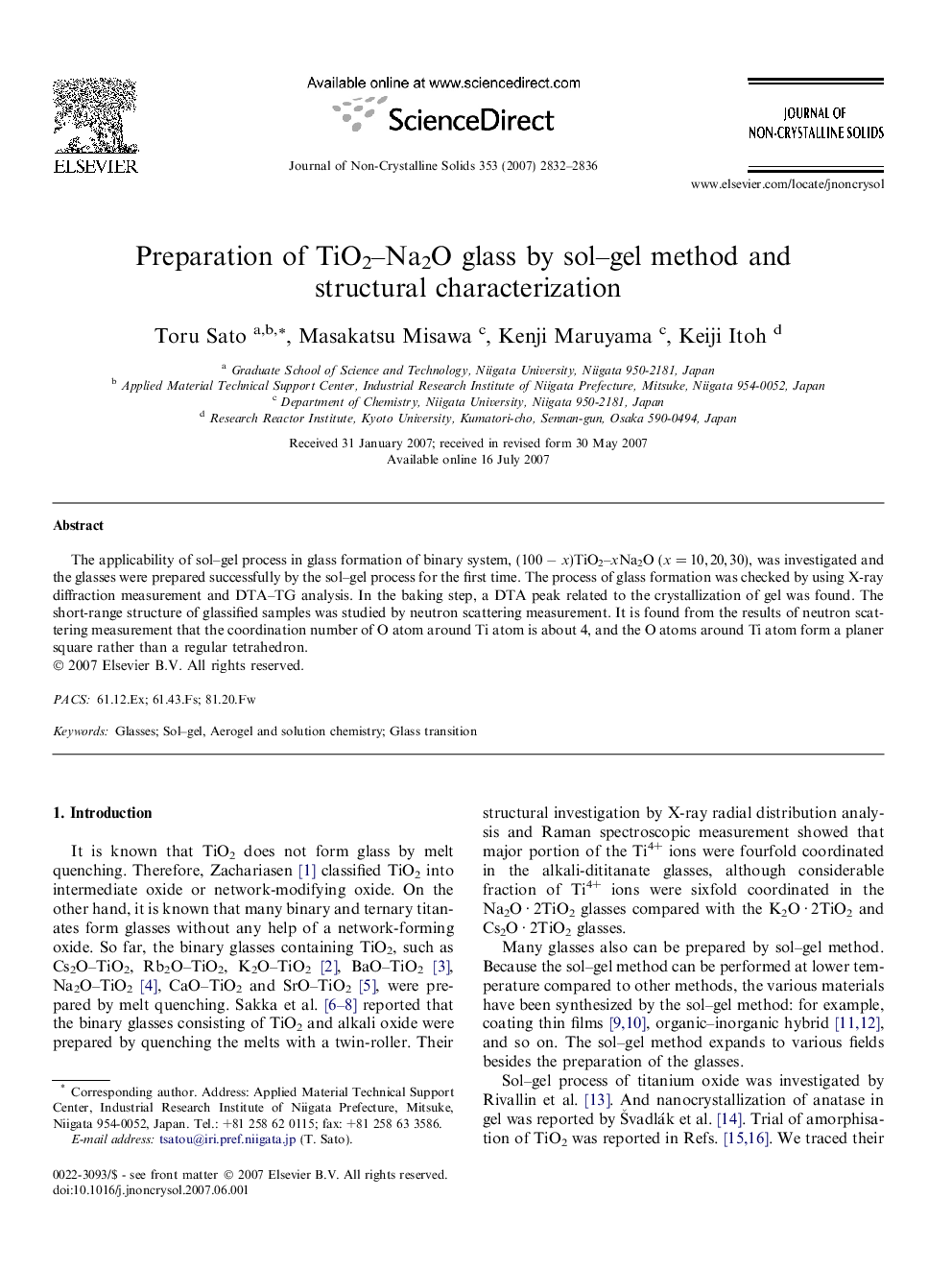 Preparation of TiO2-Na2O glass by sol-gel method and structural characterization