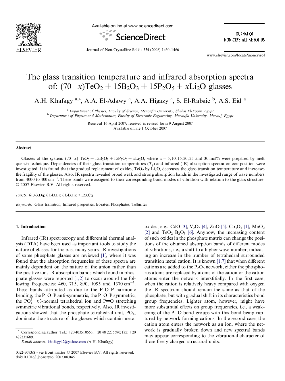 The glass transition temperature and infrared absorption spectra of: (70−x)TeO2 + 15B2O3 + 15P2O5 + xLi2O glasses