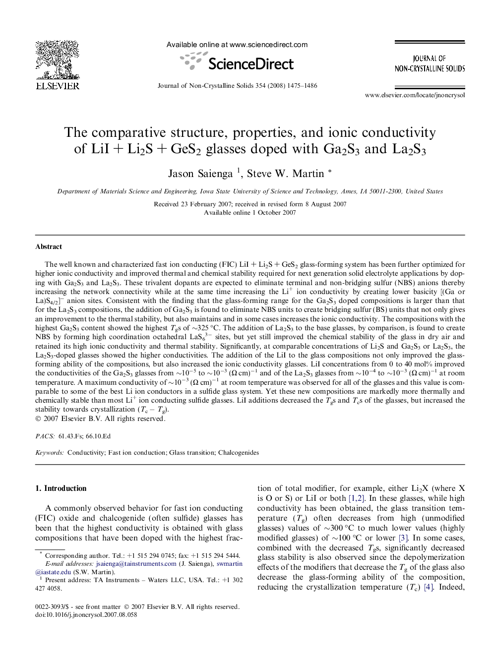 عکس صفحه اول مقاله: The comparative structure, properties, and ionic conductivity of LiI + Li2S + GeS2 glasses doped with Ga2S3 and La2S3 The comparative structure, properties, and ionic conductivity of LiI + Li2S + GeS2 glasses doped with Ga2S3 and La2S3
