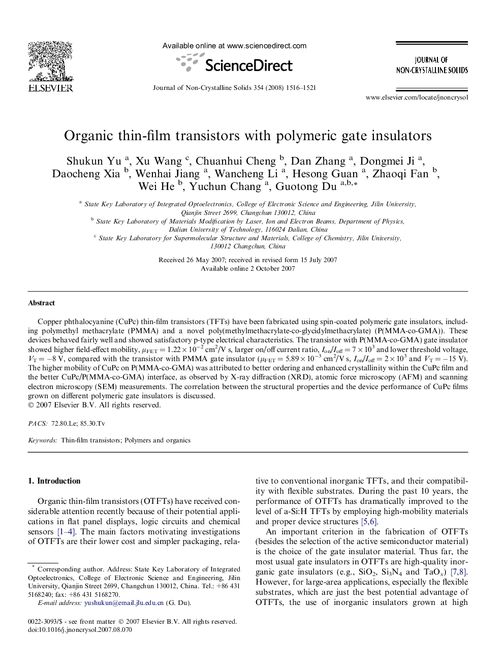 Organic thin-film transistors with polymeric gate insulators