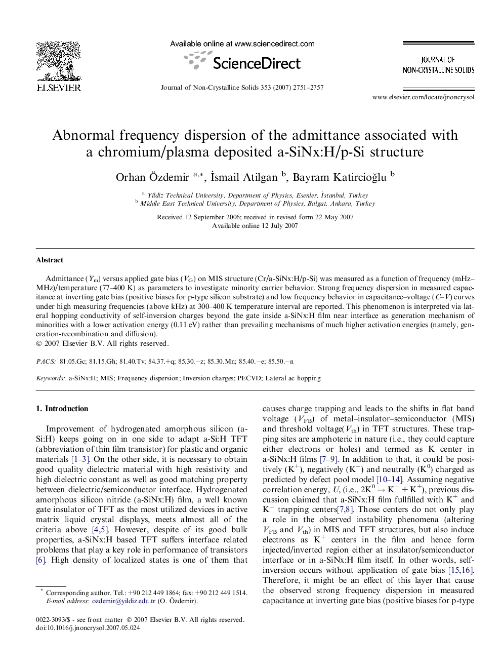 Abnormal frequency dispersion of the admittance associated with a chromium/plasma deposited a-SiNx:H/p-Si structure