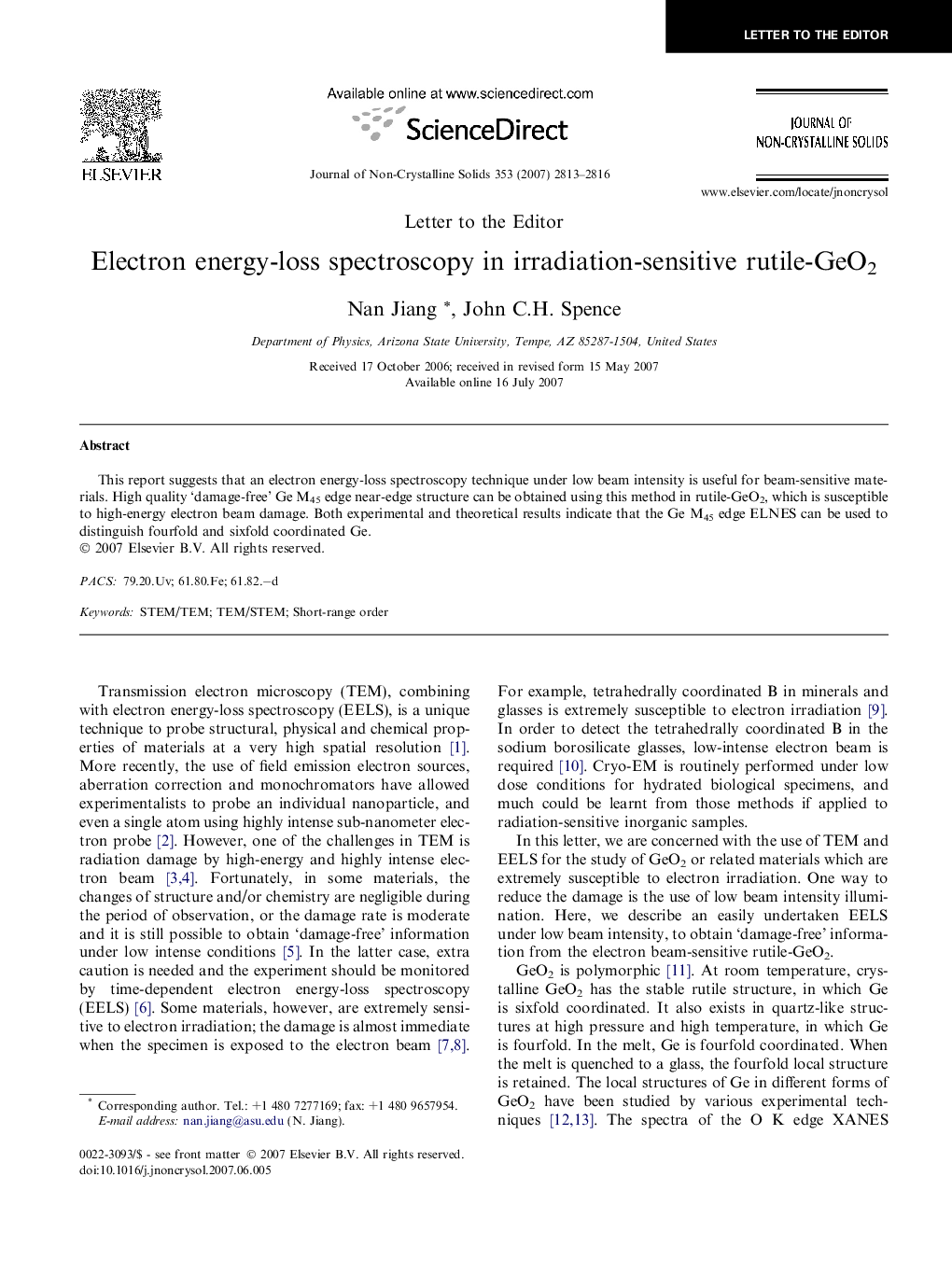 Electron energy-loss spectroscopy in irradiation-sensitive rutile-GeO2