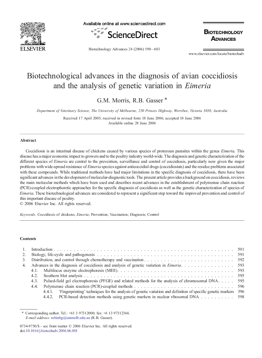 Biotechnological advances in the diagnosis of avian coccidiosis and the analysis of genetic variation in Eimeria