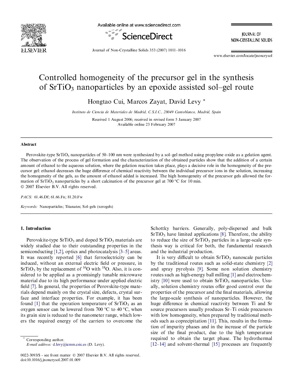 Controlled homogeneity of the precursor gel in the synthesis of SrTiO3 nanoparticles by an epoxide assisted sol–gel route