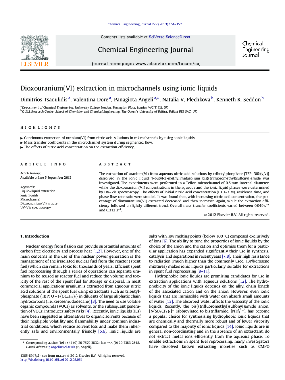 عکس صفحه اول مقاله: Dioxouranium(VI) extraction in microchannels using ionic liquids Dioxouranium(VI) extraction in microchannels using ionic liquids