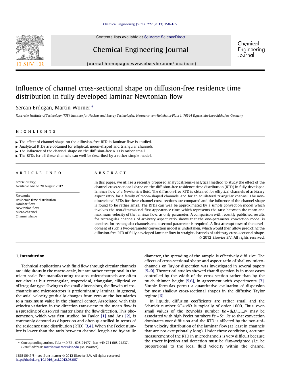 Influence of channel cross-sectional shape on diffusion-free residence time distribution in fully developed laminar Newtonian flow