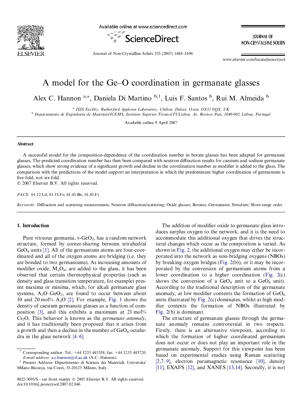 A model for the Ge–O coordination in germanate glasses