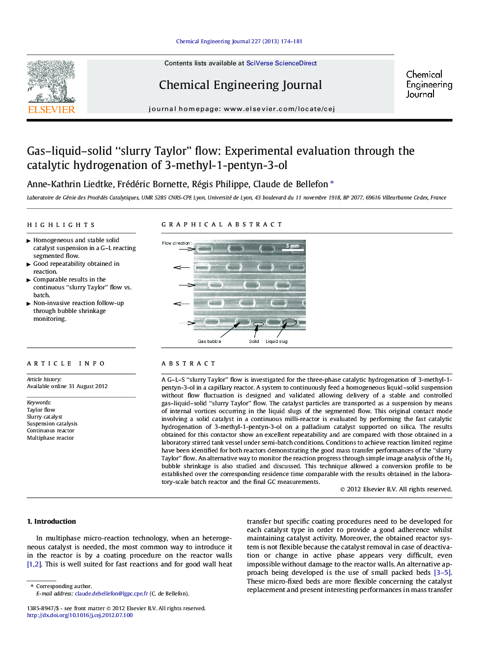 Gas–liquid–solid “slurry Taylor” flow: Experimental evaluation through the catalytic hydrogenation of 3-methyl-1-pentyn-3-ol