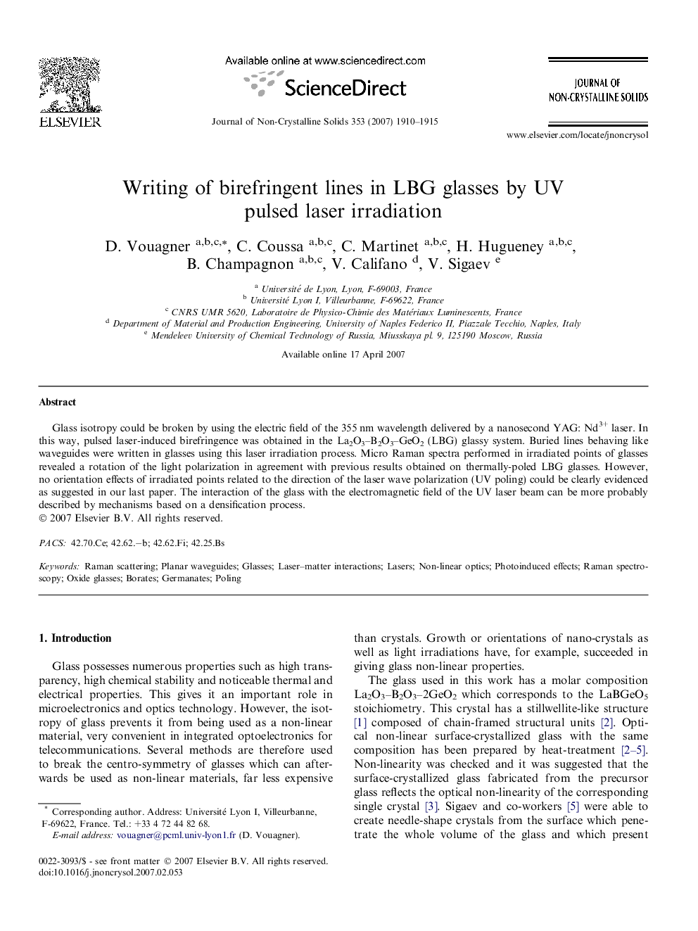 Writing of birefringent lines in LBG glasses by UV pulsed laser irradiation