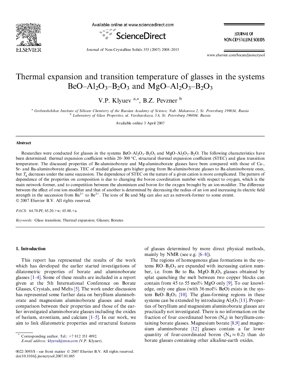 Thermal expansion and transition temperature of glasses in the systems BeO–Al2O3–B2O3 and MgO–Al2O3–B2O3