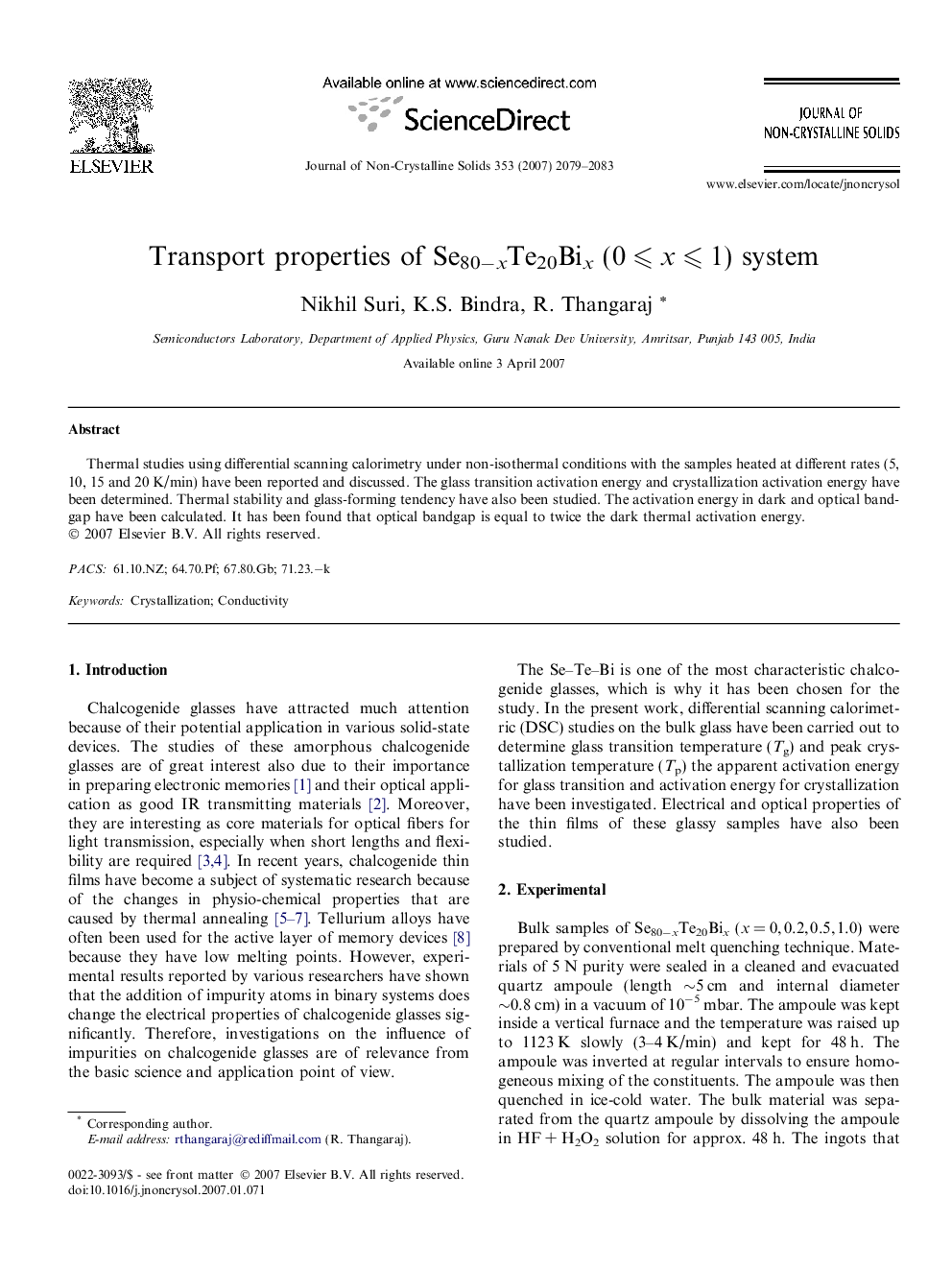 Transport properties of Se80−xTe20Bix (0 ⩽ x ⩽ 1) system