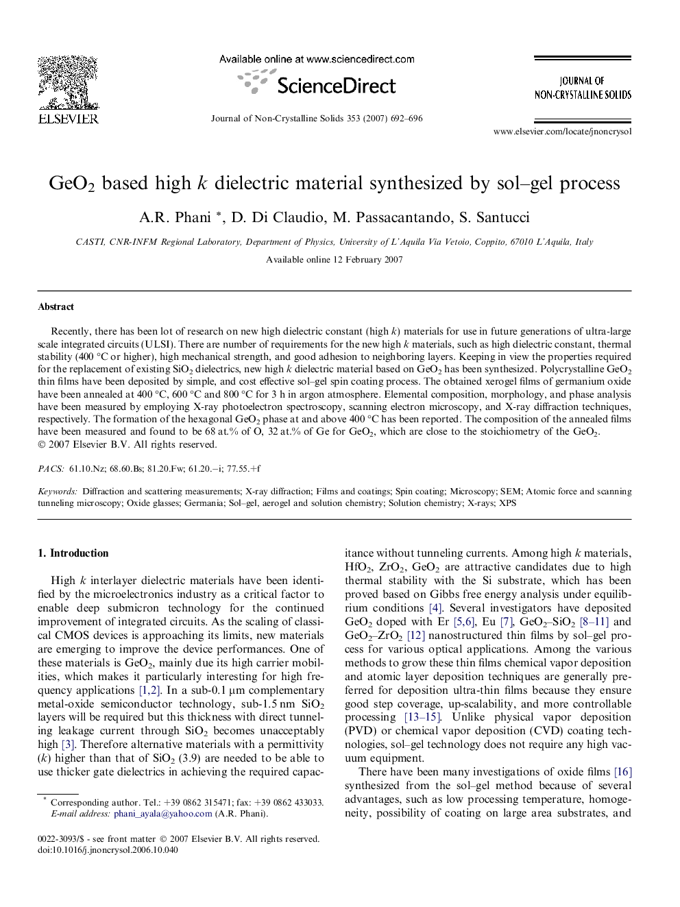 GeO2 based high k dielectric material synthesized by sol–gel process