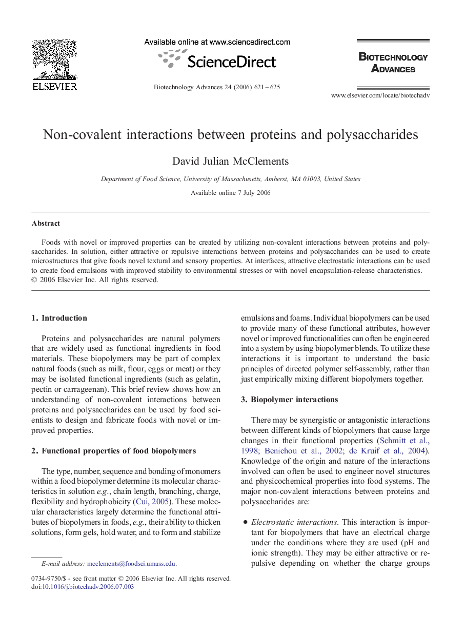 Non-covalent interactions between proteins and polysaccharides