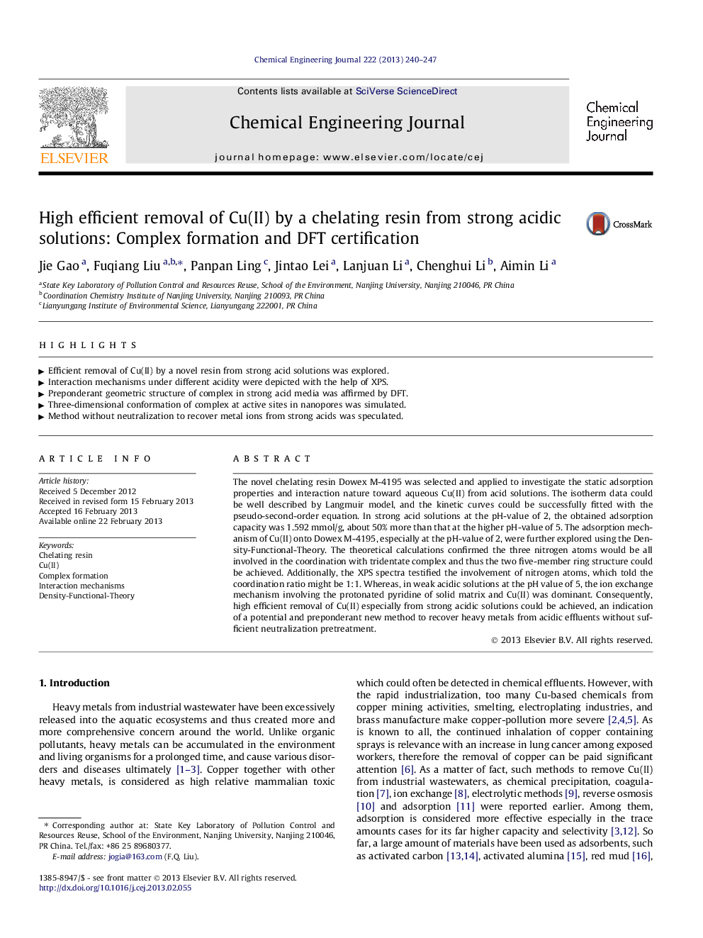 High efficient removal of Cu(II) by a chelating resin from strong acidic solutions: Complex formation and DFT certification