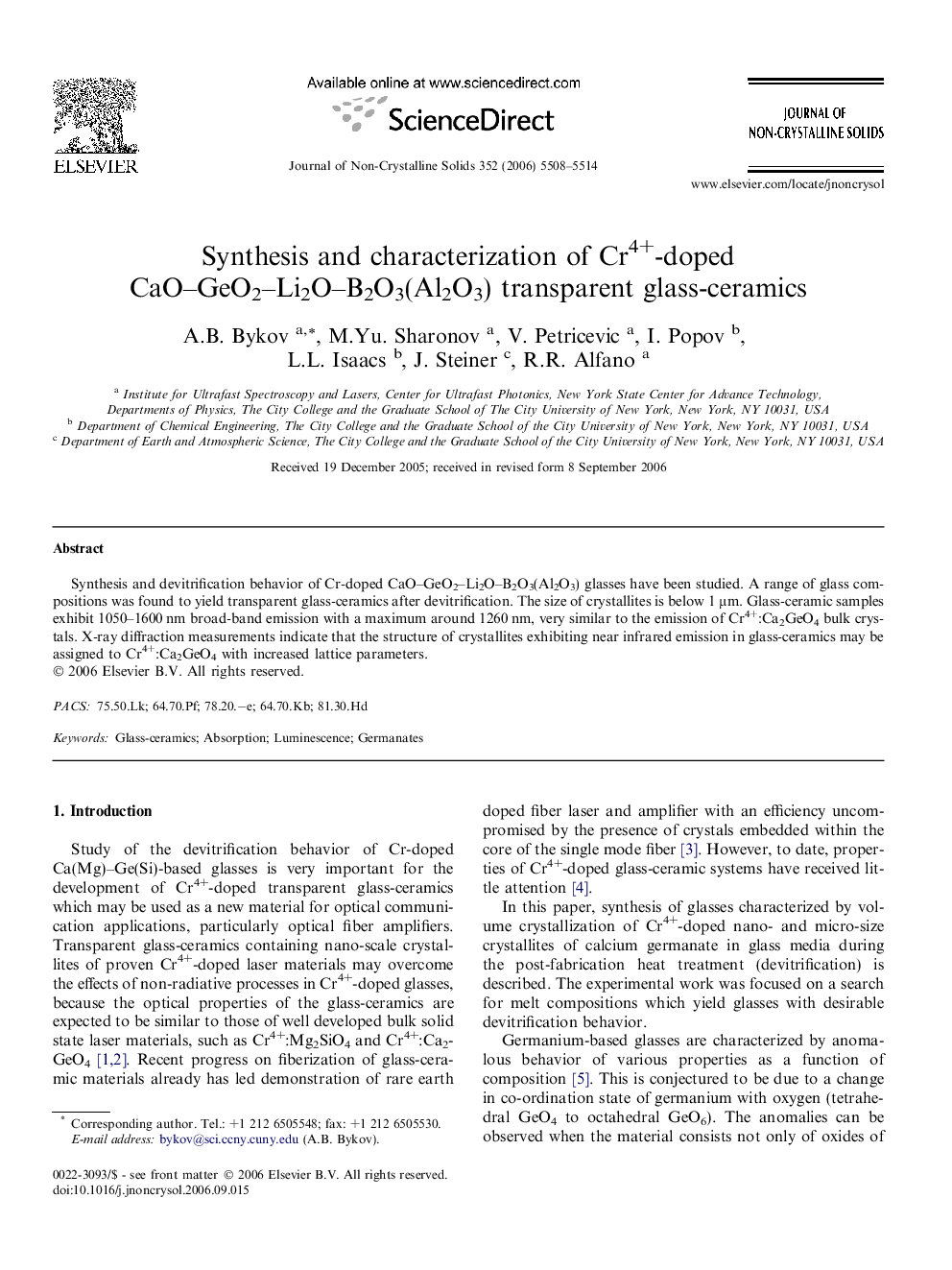 Synthesis and characterization of Cr4+-doped CaO–GeO2–Li2O–B2O3(Al2O3) transparent glass-ceramics