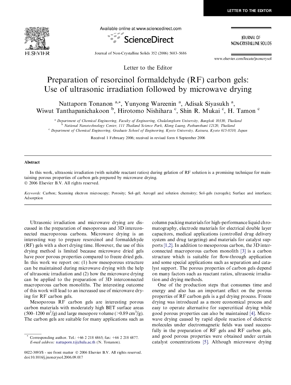 Preparation of resorcinol formaldehyde (RF) carbon gels: Use of ultrasonic irradiation followed by microwave drying