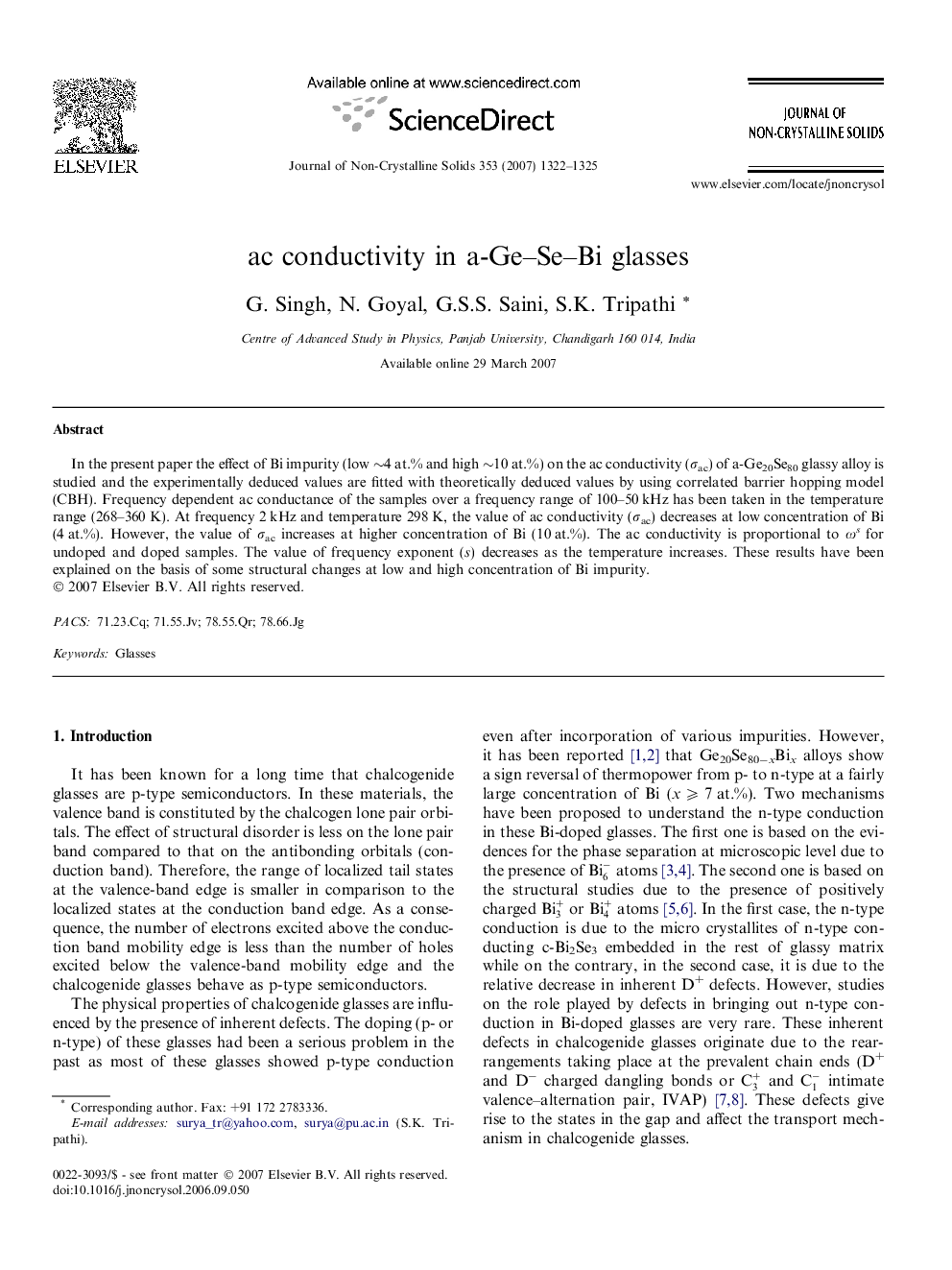 ac conductivity in a-Ge–Se–Bi glasses