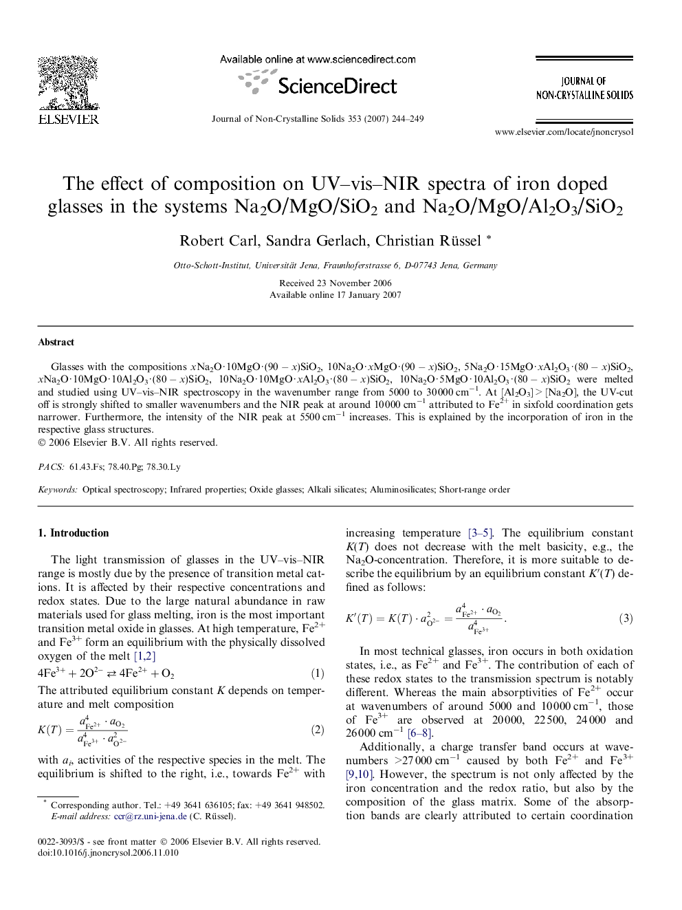 The effect of composition on UV–vis–NIR spectra of iron doped glasses in the systems Na2O/MgO/SiO2 and Na2O/MgO/Al2O3/SiO2