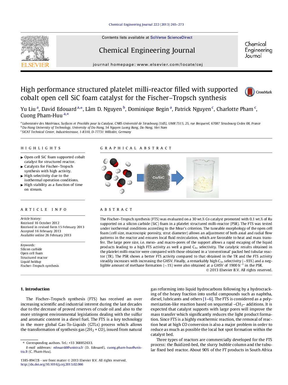 High performance structured platelet milli-reactor filled with supported cobalt open cell SiC foam catalyst for the Fischer–Tropsch synthesis