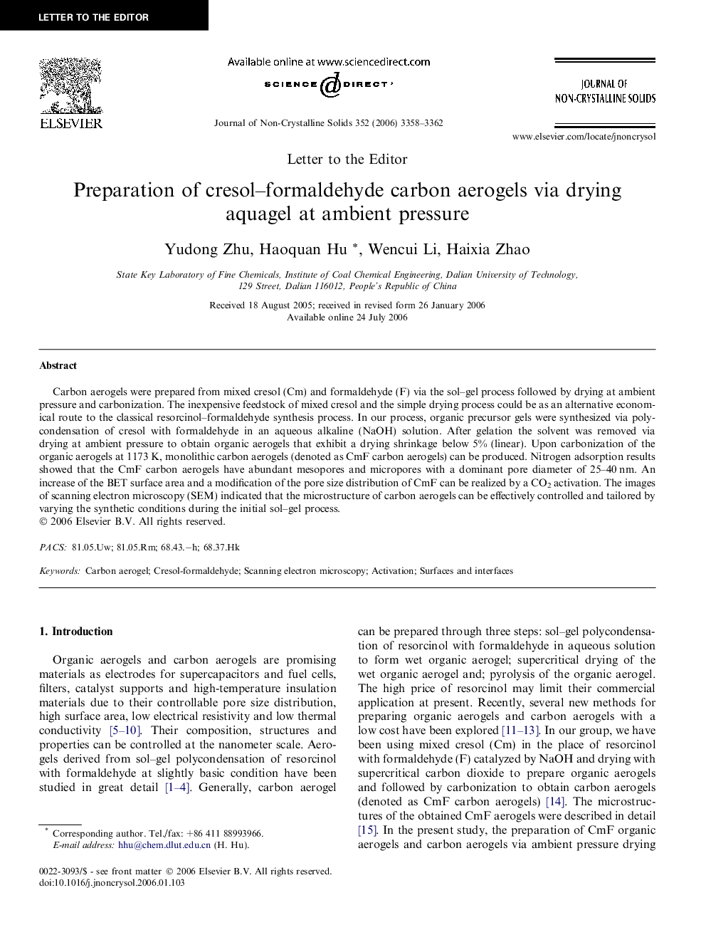 Preparation of cresol–formaldehyde carbon aerogels via drying aquagel at ambient pressure