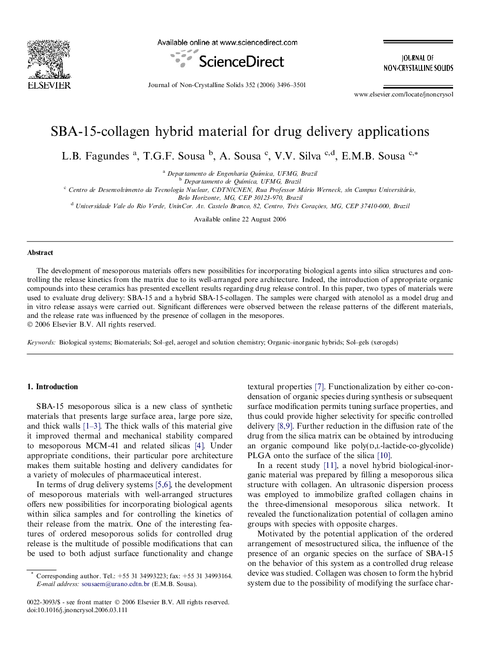 SBA-15-collagen hybrid material for drug delivery applications