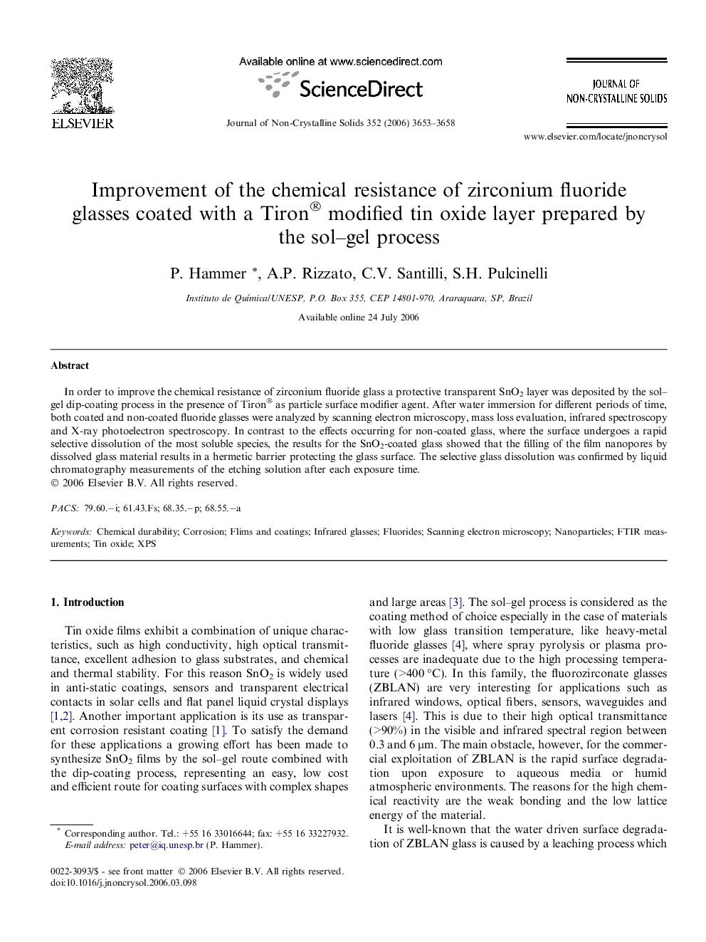 Improvement of the chemical resistance of zirconium fluoride glasses coated with a Tiron® modified tin oxide layer prepared by the sol-gel process