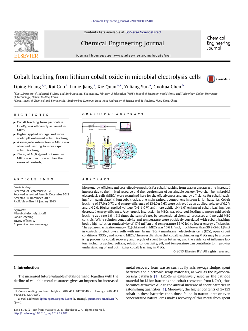 Cobalt leaching from lithium cobalt oxide in microbial electrolysis cells