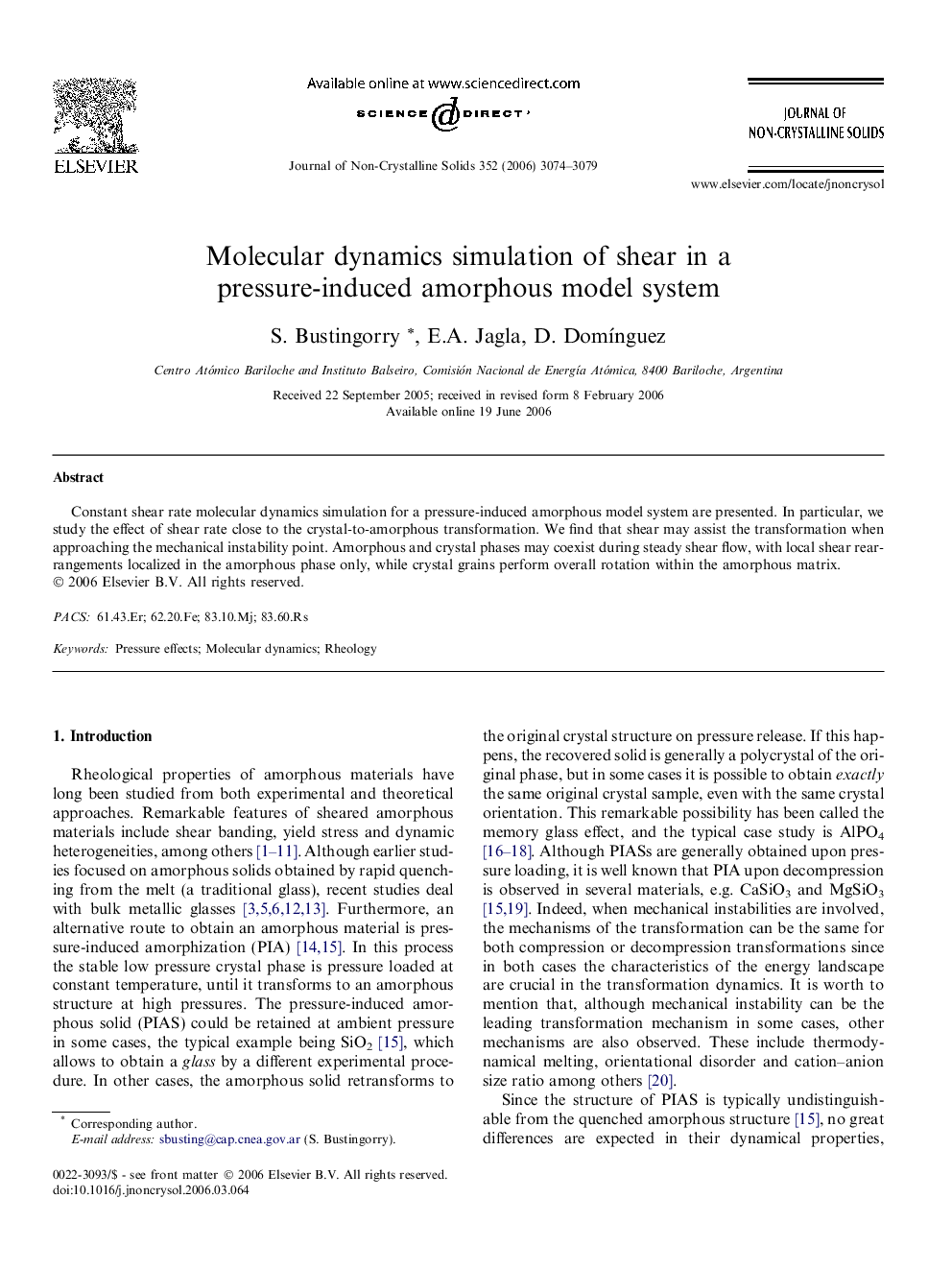 Molecular dynamics simulation of shear in a pressure-induced amorphous model system