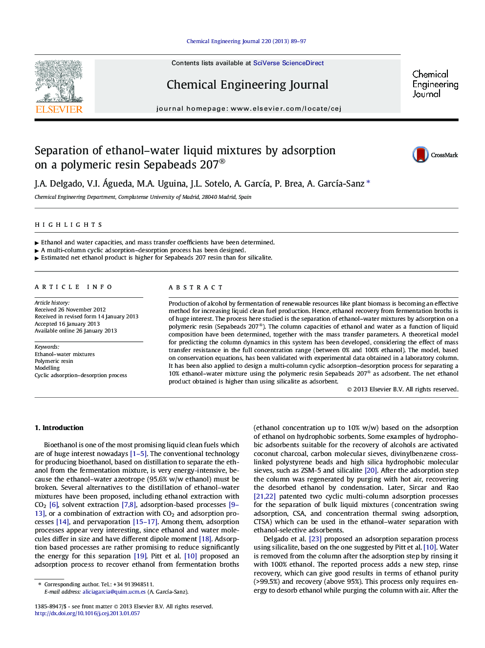 Separation of ethanol–water liquid mixtures by adsorption on a polymeric resin Sepabeads 207®