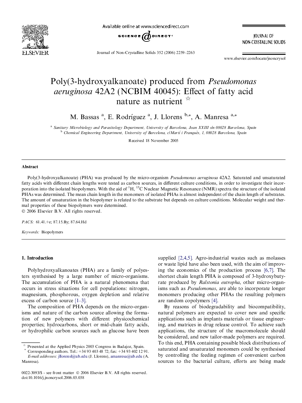 Poly(3-hydroxyalkanoate) produced from Pseudomonas aeruginosa 42A2 (NCBIM 40045): Effect of fatty acid nature as nutrient 