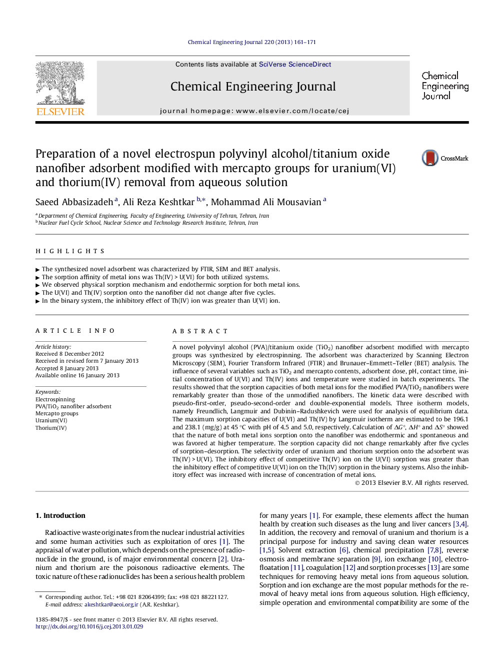 Preparation of a novel electrospun polyvinyl alcohol/titanium oxide nanofiber adsorbent modified with mercapto groups for uranium(VI) and thorium(IV) removal from aqueous solution
