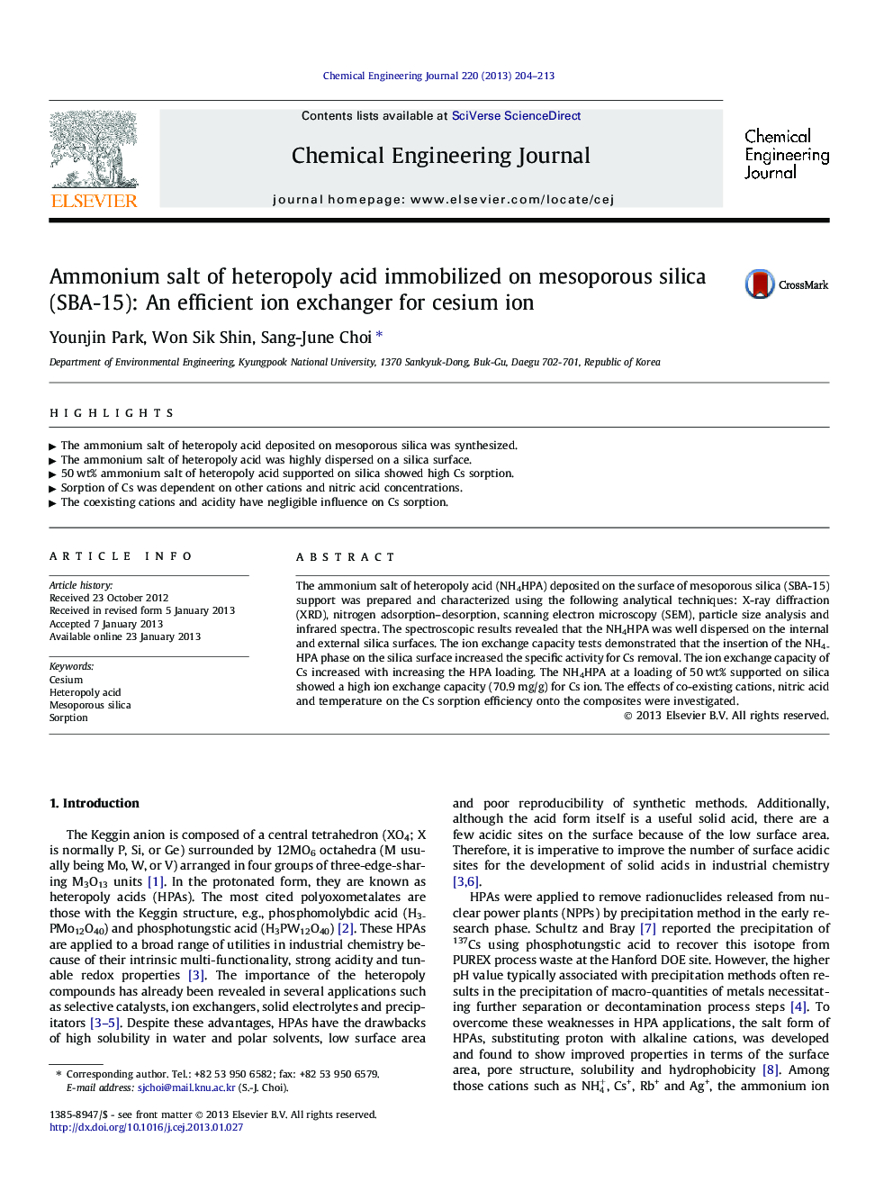 Ammonium salt of heteropoly acid immobilized on mesoporous silica (SBA-15): An efficient ion exchanger for cesium ion