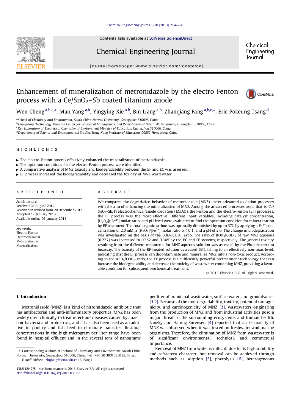 Enhancement of mineralization of metronidazole by the electro-Fenton process with a Ce/SnO2–Sb coated titanium anode