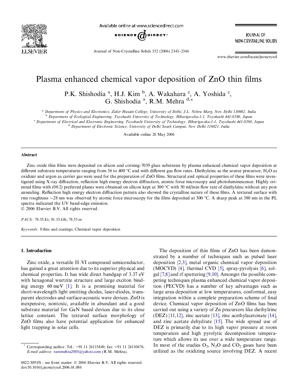 Plasma enhanced chemical vapor deposition of ZnO thin films