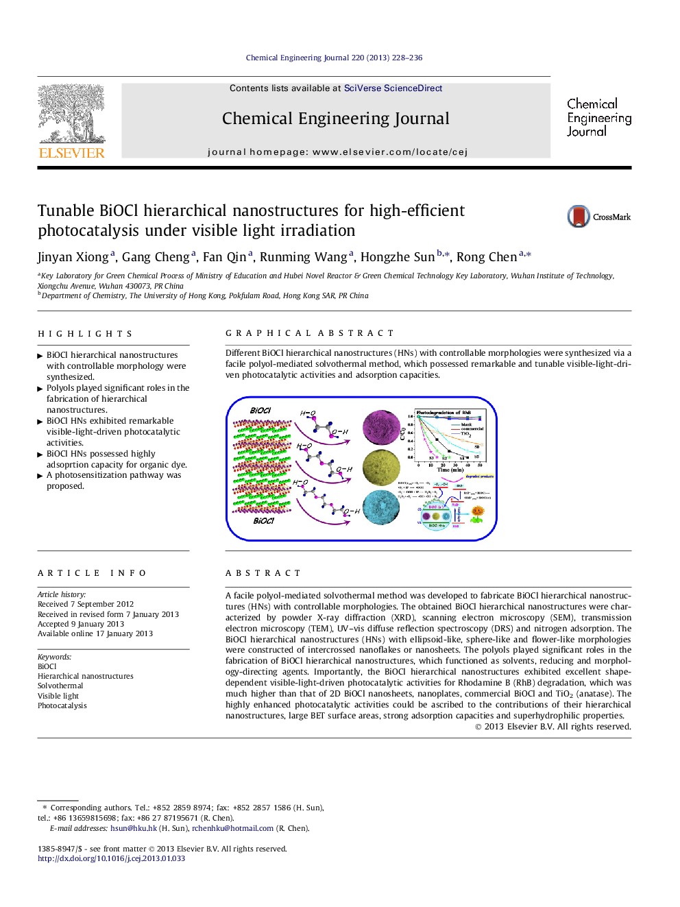 Tunable BiOCl hierarchical nanostructures for high-efficient photocatalysis under visible light irradiation