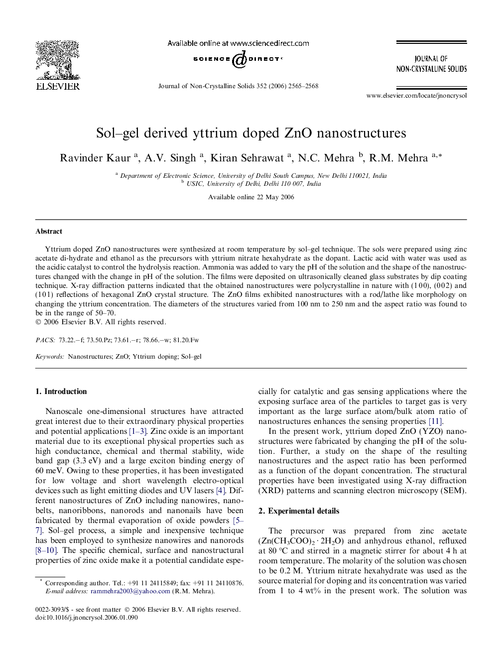 Sol–gel derived yttrium doped ZnO nanostructures