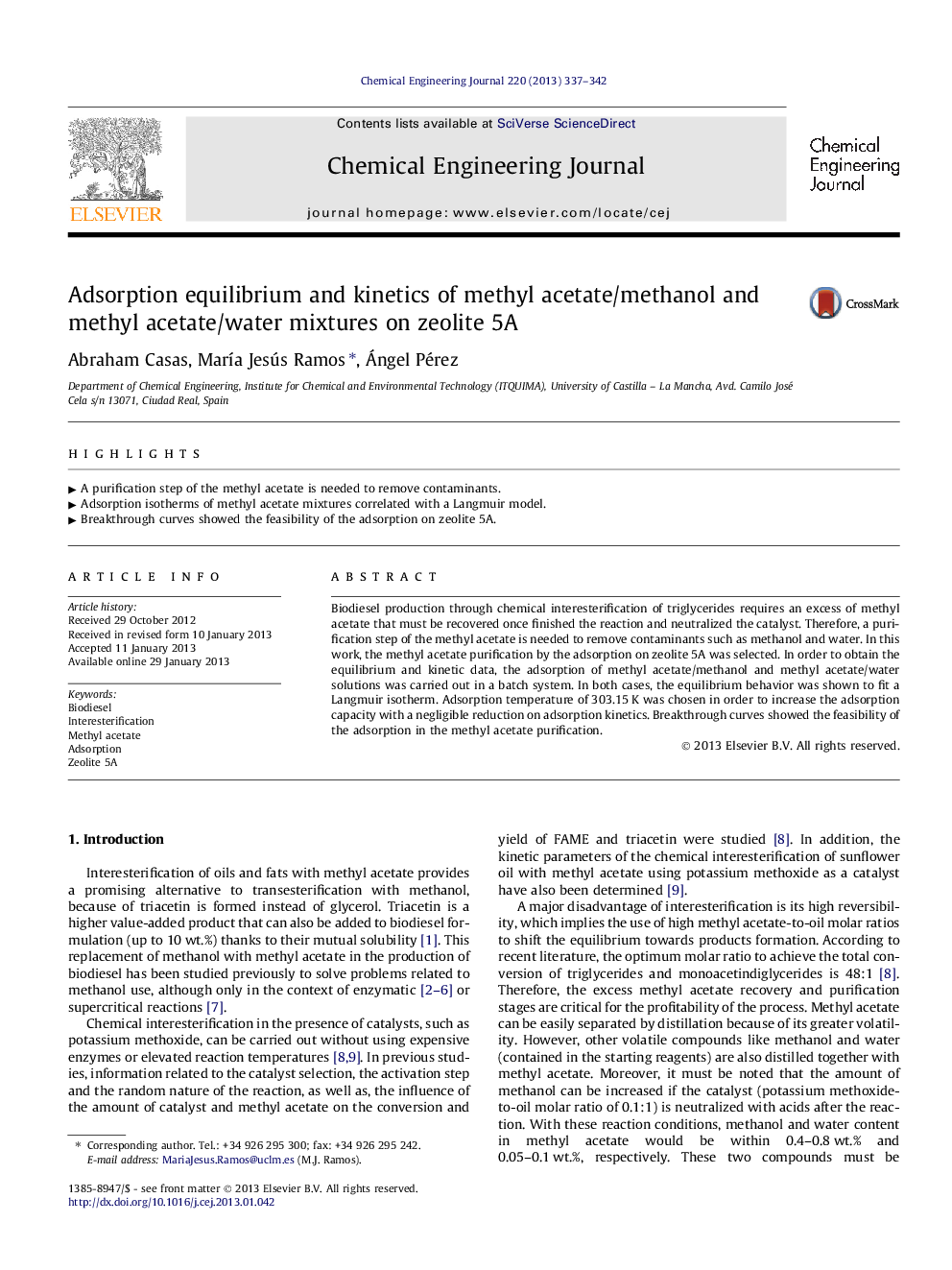 Adsorption equilibrium and kinetics of methyl acetate/methanol and methyl acetate/water mixtures on zeolite 5A