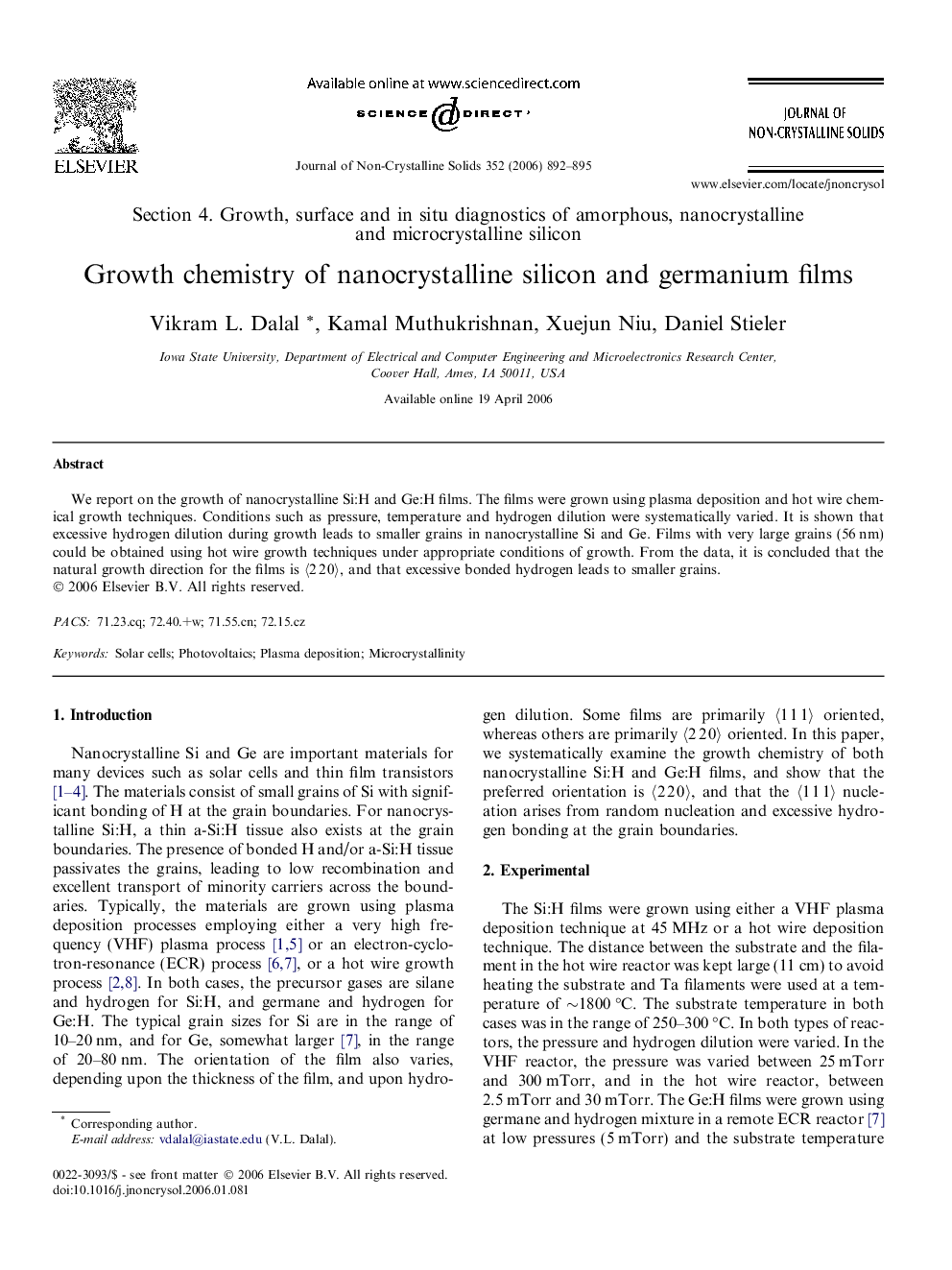 Growth chemistry of nanocrystalline silicon and germanium films