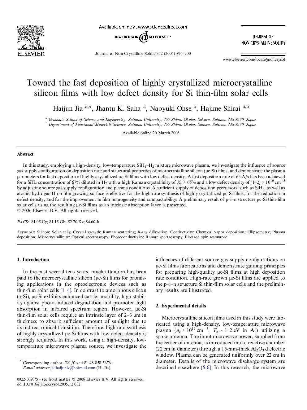 Toward the fast deposition of highly crystallized microcrystalline silicon films with low defect density for Si thin-film solar cells