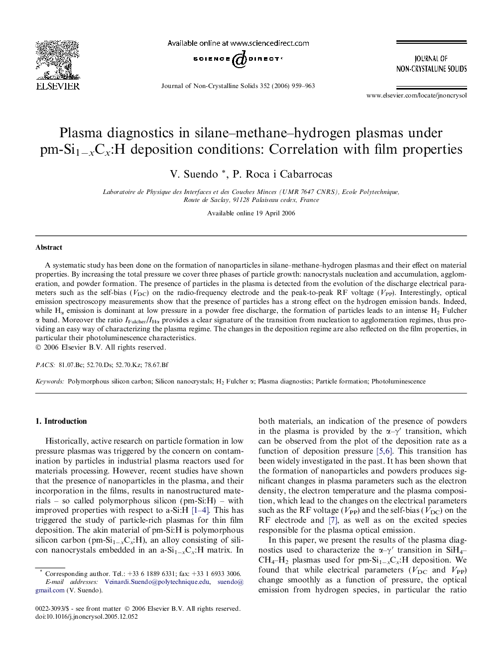 Plasma diagnostics in silane-methane-hydrogen plasmas under pm-Si1âxCx:H deposition conditions: Correlation with film properties