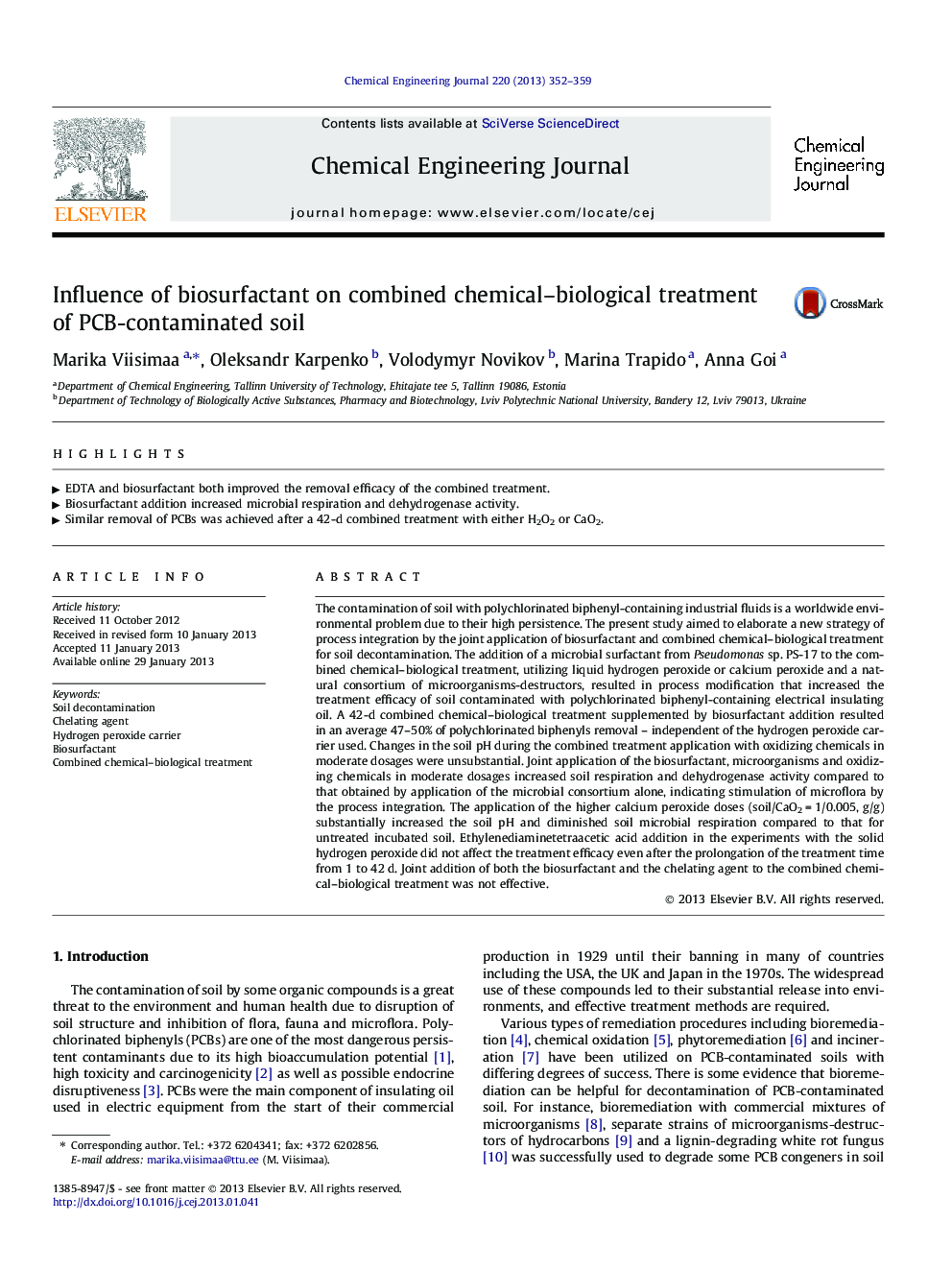 Influence of biosurfactant on combined chemical–biological treatment of PCB-contaminated soil
