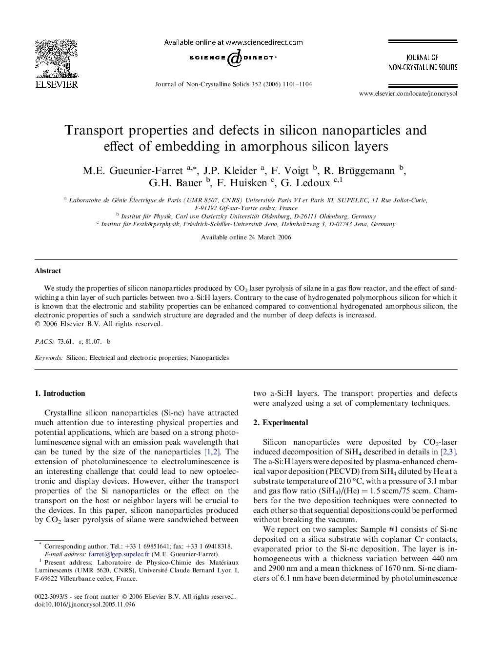 Transport properties and defects in silicon nanoparticles and effect of embedding in amorphous silicon layers