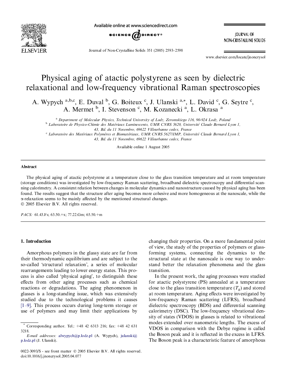 Physical aging of atactic polystyrene as seen by dielectric relaxational and low-frequency vibrational Raman spectroscopies