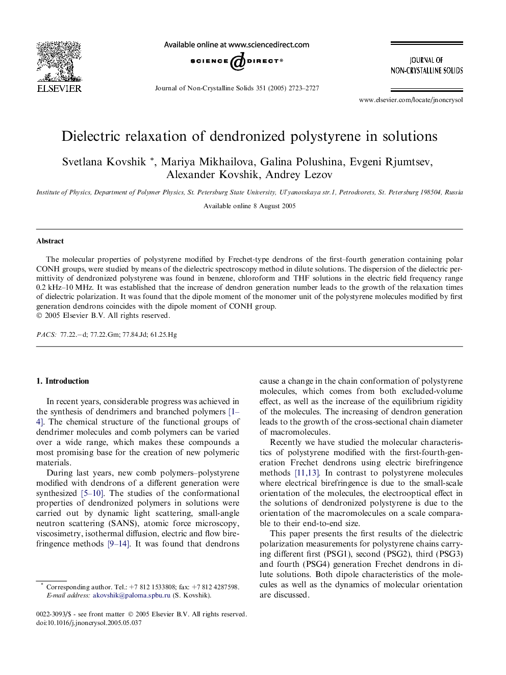 عکس صفحه اول مقاله: Dielectric relaxation of dendronized polystyrene in solutions Dielectric relaxation of dendronized polystyrene in solutions